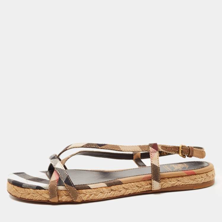 Pre Owned Burberry Tricolor Check Canvas Flat Espadrille Sandals Size 38