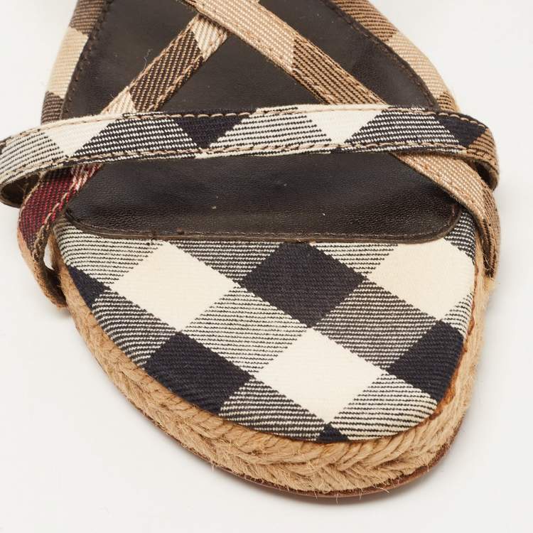 Pre Owned Burberry Tricolor Check Canvas Flat Espadrille Sandals Size 38