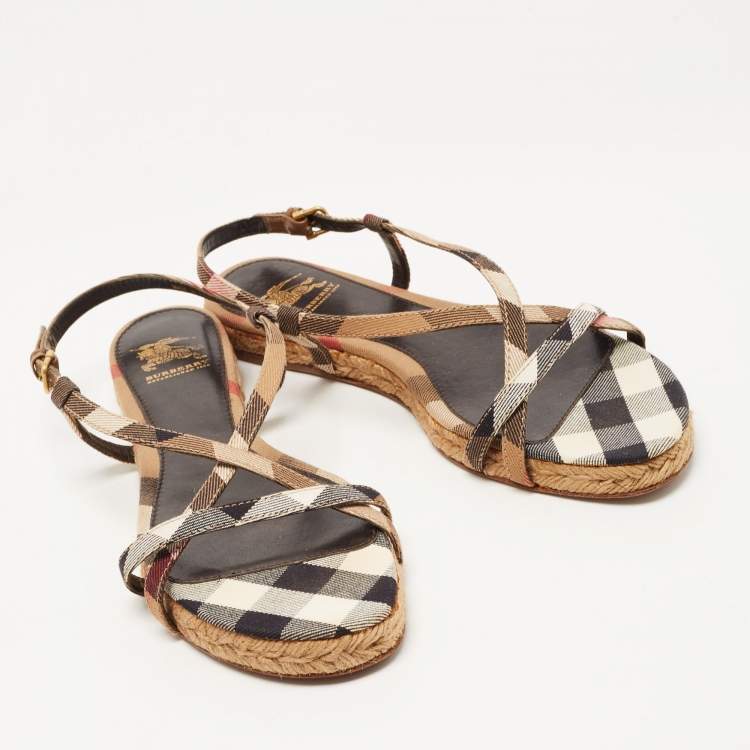 Pre Owned Burberry Tricolor Check Canvas Flat Espadrille Sandals Size 38