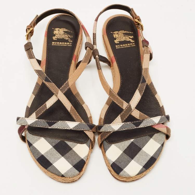 Pre Owned Burberry Tricolor Check Canvas Flat Espadrille Sandals Size 38