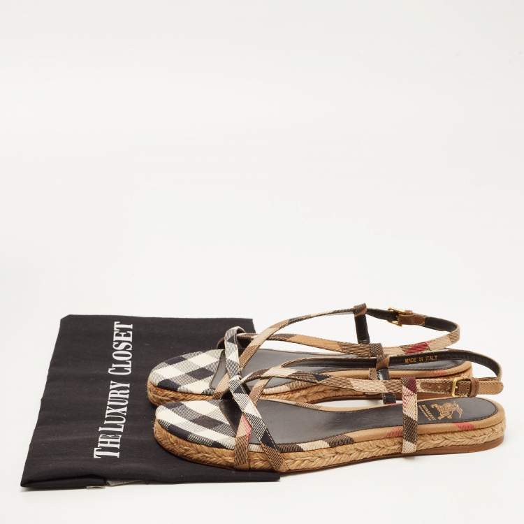 Pre Owned Burberry Tricolor Check Canvas Flat Espadrille Sandals Size 38