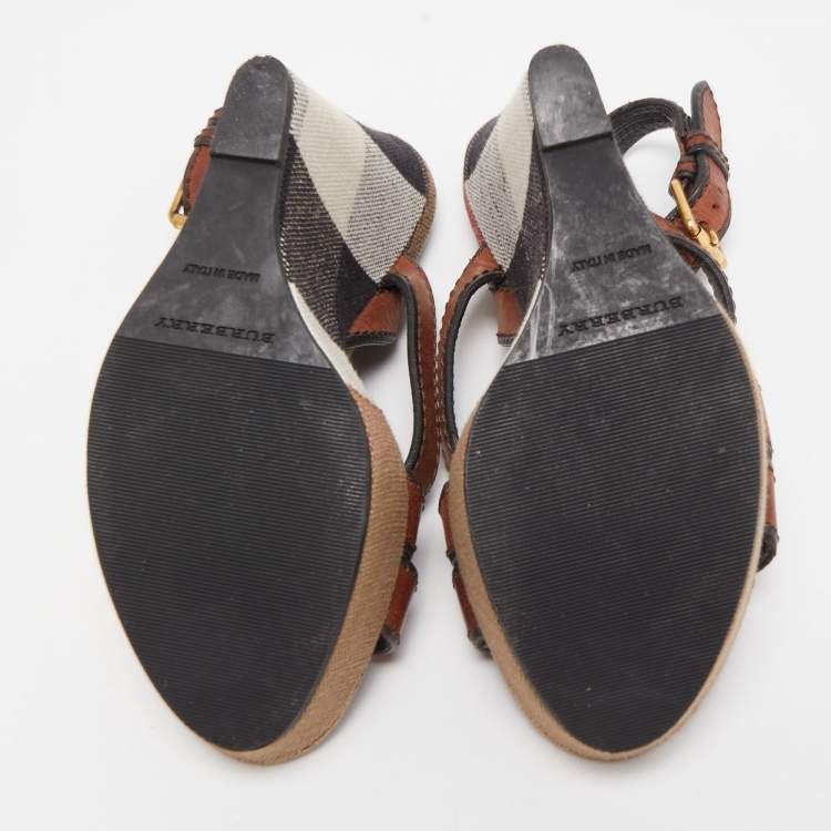 Pre Owned Burberry Brown Novacheck Canvas and Leather Warlow Platform Wedge Sandals Size 37.5