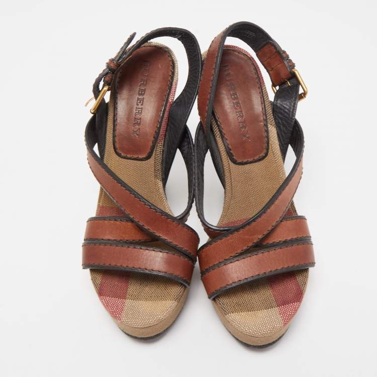 Pre Owned Burberry Brown Novacheck Canvas and Leather Warlow Platform Wedge Sandals Size 37.5