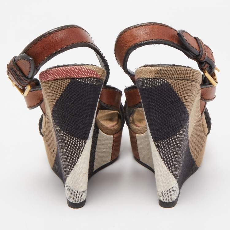 Pre Owned Burberry Brown Novacheck Canvas and Leather Warlow Platform Wedge Sandals Size 37.5