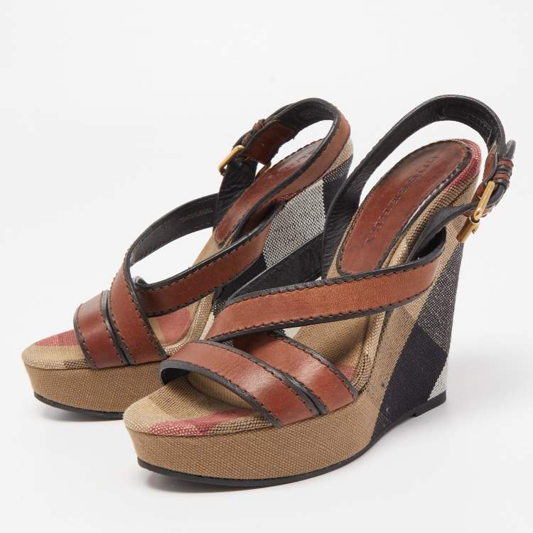 Pre Owned Burberry Brown Novacheck Canvas and Leather Warlow Platform Wedge Sandals Size 37.5