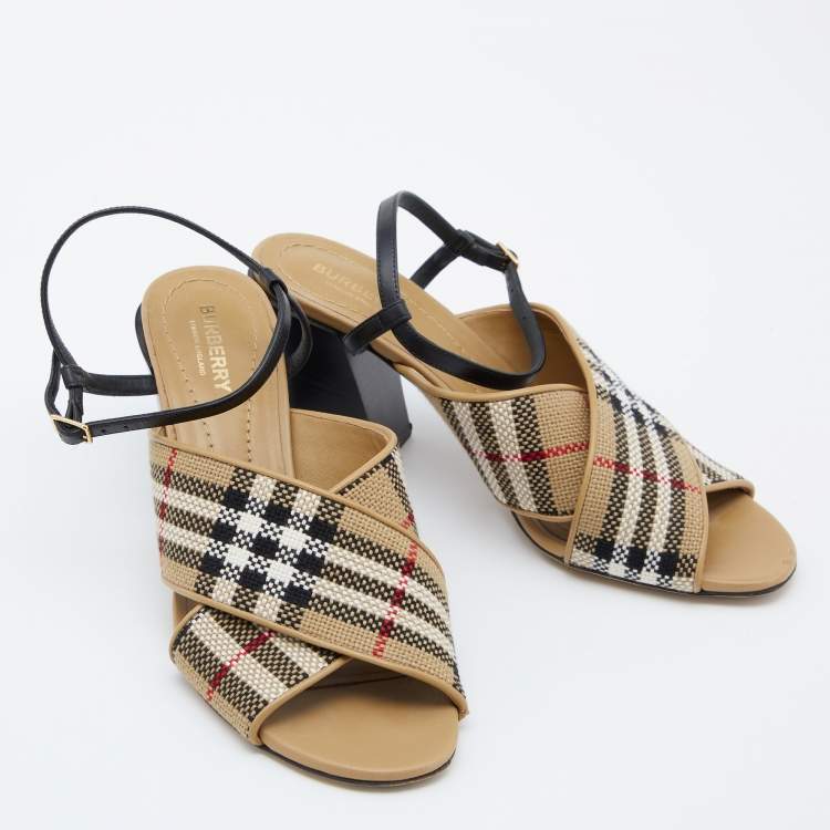 Pre Owned Burberry Beige/Black Canvas and Leather Castlebar Ankle Strap Sandals Size 39