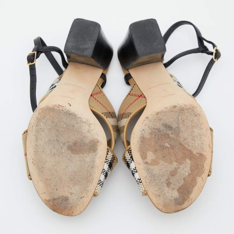 Pre Owned Burberry Beige/Black Canvas and Leather Castlebar Ankle Strap Sandals Size 39