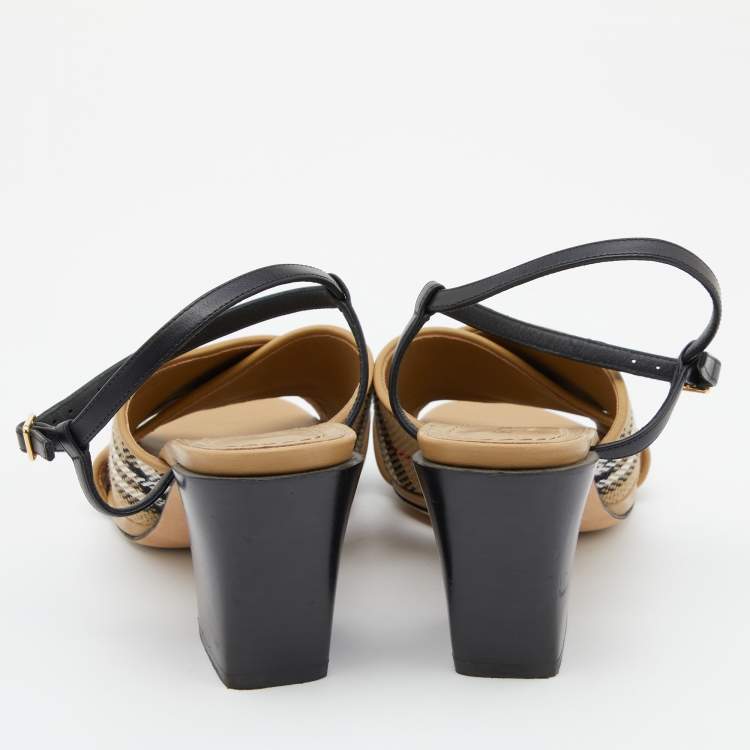 Pre Owned Burberry Beige/Black Canvas and Leather Castlebar Ankle Strap Sandals Size 39