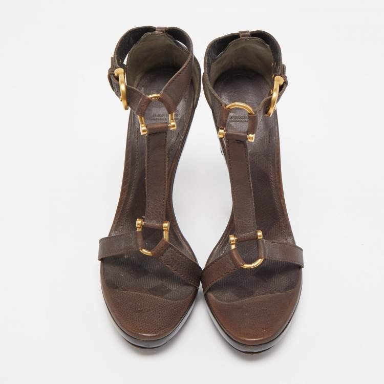 Pre Owned Burberry Brown Leather T Ankle Strap Platform Sandals Size 38