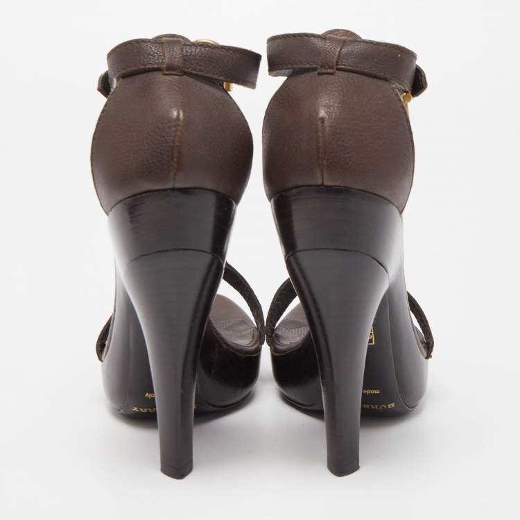 Pre Owned Burberry Brown Leather T Ankle Strap Platform Sandals Size 38