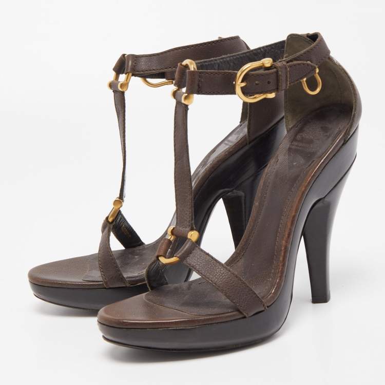Pre Owned Burberry Brown Leather T Ankle Strap Platform Sandals Size 38