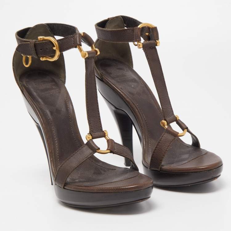Pre Owned Burberry Brown Leather T Ankle Strap Platform Sandals Size 38