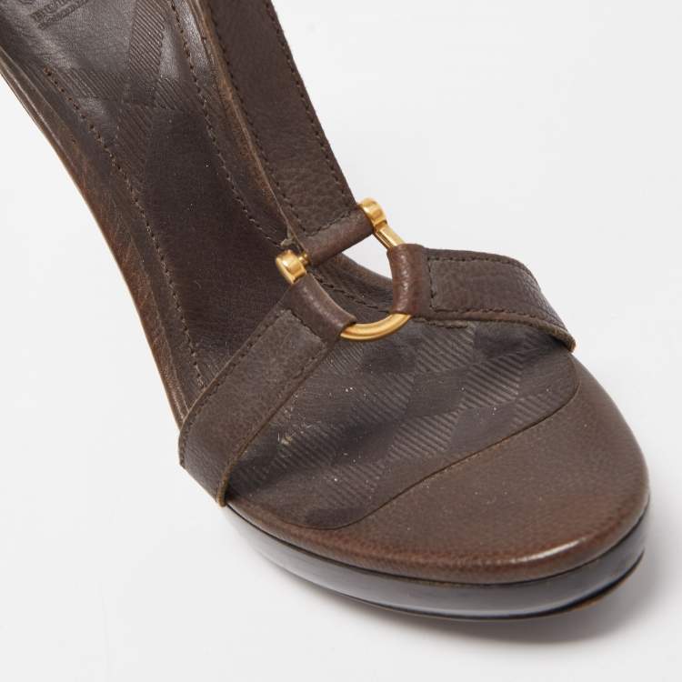 Pre Owned Burberry Brown Leather T Ankle Strap Platform Sandals Size 38