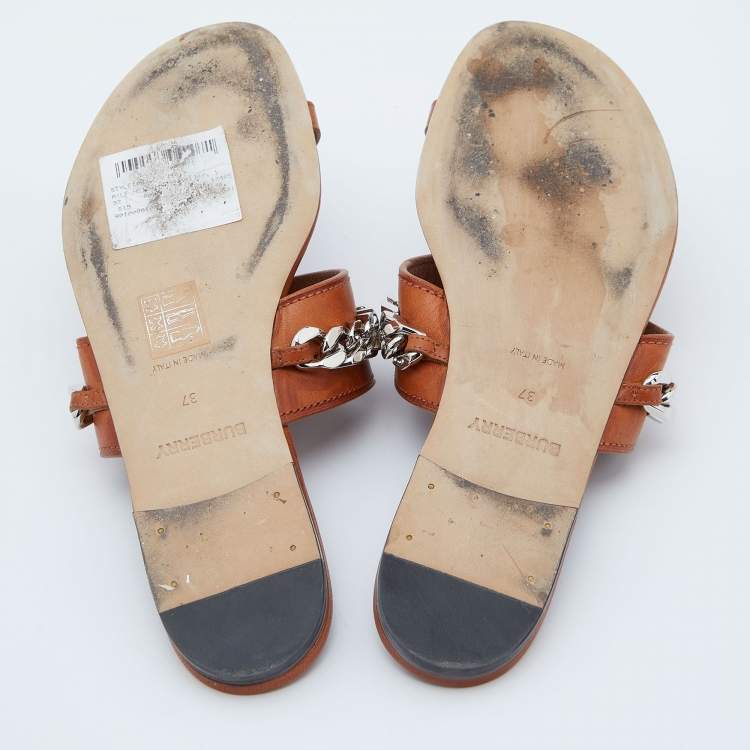 Pre Owned Burberry Brown Leather Heidi Toe Ring Flats Slides Size 37