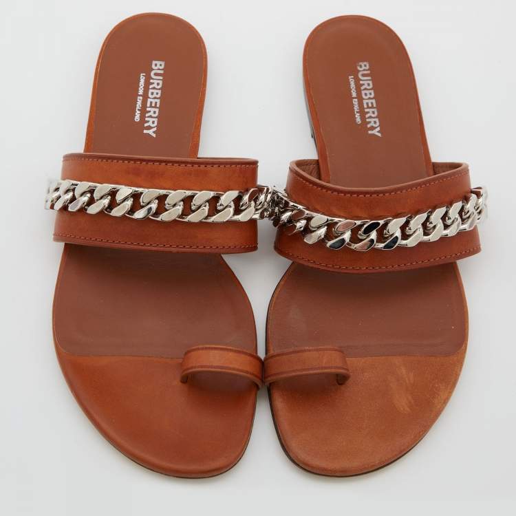 Pre Owned Burberry Brown Leather Heidi Toe Ring Flats Slides Size 37