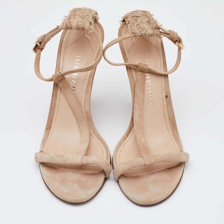 Pre Owned Burberry Beige Suede and Lace T Strap Wedge Sandals Size 38