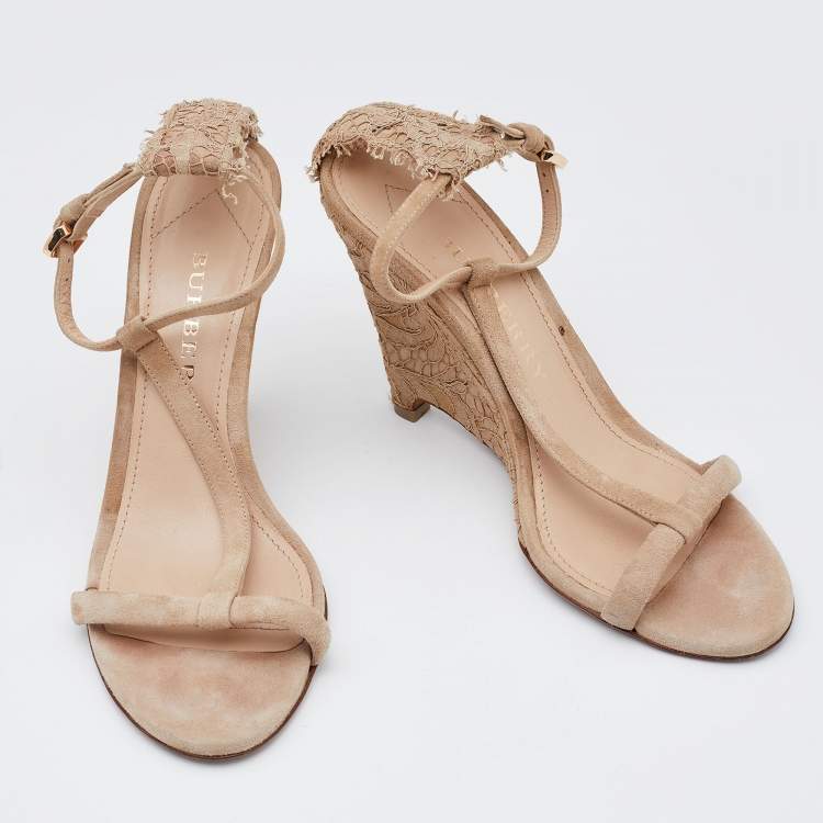 Pre Owned Burberry Beige Suede and Lace T Strap Wedge Sandals Size 38