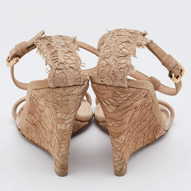 Pre Owned Burberry Beige Suede and Lace T Strap Wedge Sandals Size 38