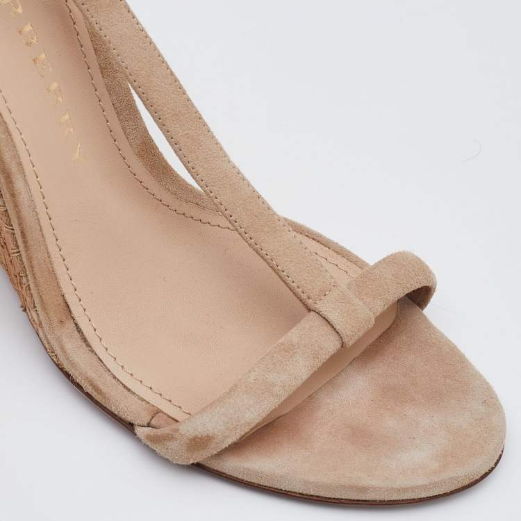 Pre Owned Burberry Beige Suede and Lace T Strap Wedge Sandals Size 38