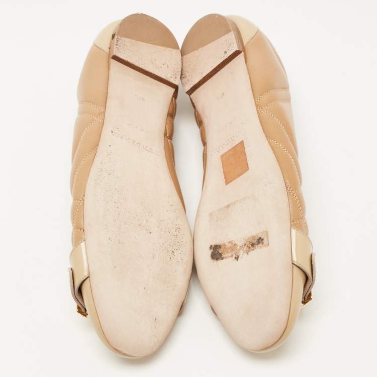 Pre Owned Burberry Two Tone Quilted Leather Buckle Ballet Flats Size 37.5
