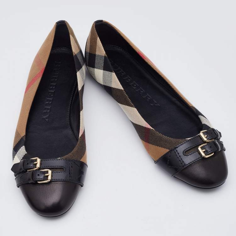 Pre Owned Burberry Beige/Black Nova Check Canvas and Leather Avonwick Buckle Detail Ballet Flats Size 38