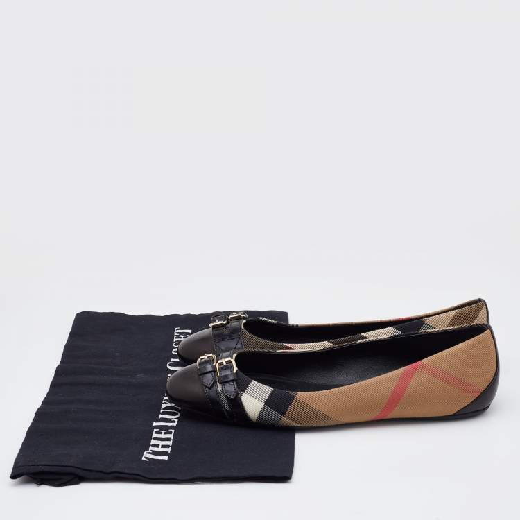 Pre Owned Burberry Beige/Black Nova Check Canvas and Leather Avonwick Buckle Detail Ballet Flats Size 38