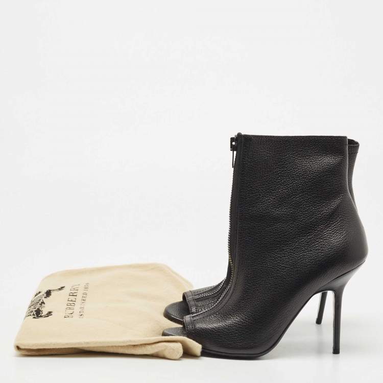 Pre Owned Burberry Black Leather Front Zipper Detail Peep Toe Ankle Booties Size 39