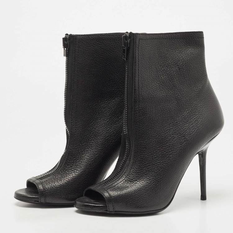 Pre Owned Burberry Black Leather Front Zipper Detail Peep Toe Ankle Booties Size 39