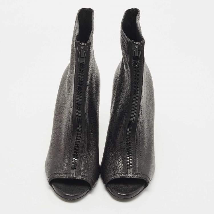 Pre Owned Burberry Black Leather Front Zipper Detail Peep Toe Ankle Booties Size 39