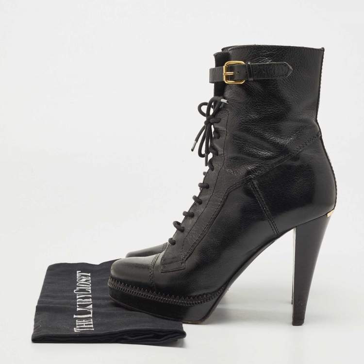 Pre Owned Burberry Black Leather Platform Lace Up Booties Size 38