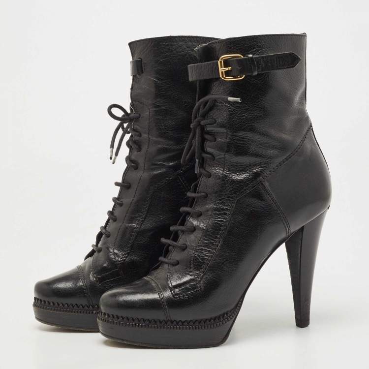 Pre Owned Burberry Black Leather Platform Lace Up Booties Size 38