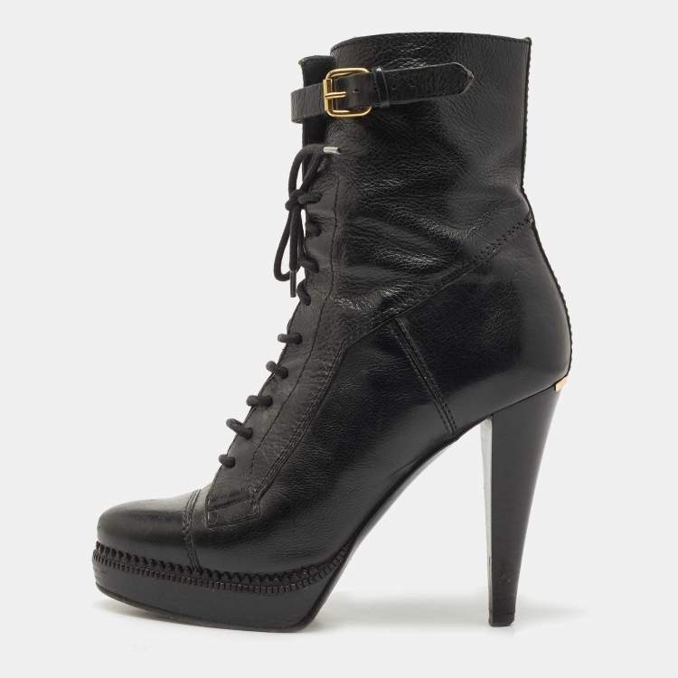Pre Owned Burberry Black Leather Platform Lace Up Booties Size 38