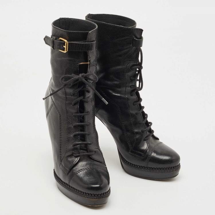 Pre Owned Burberry Black Leather Platform Lace Up Booties Size 38