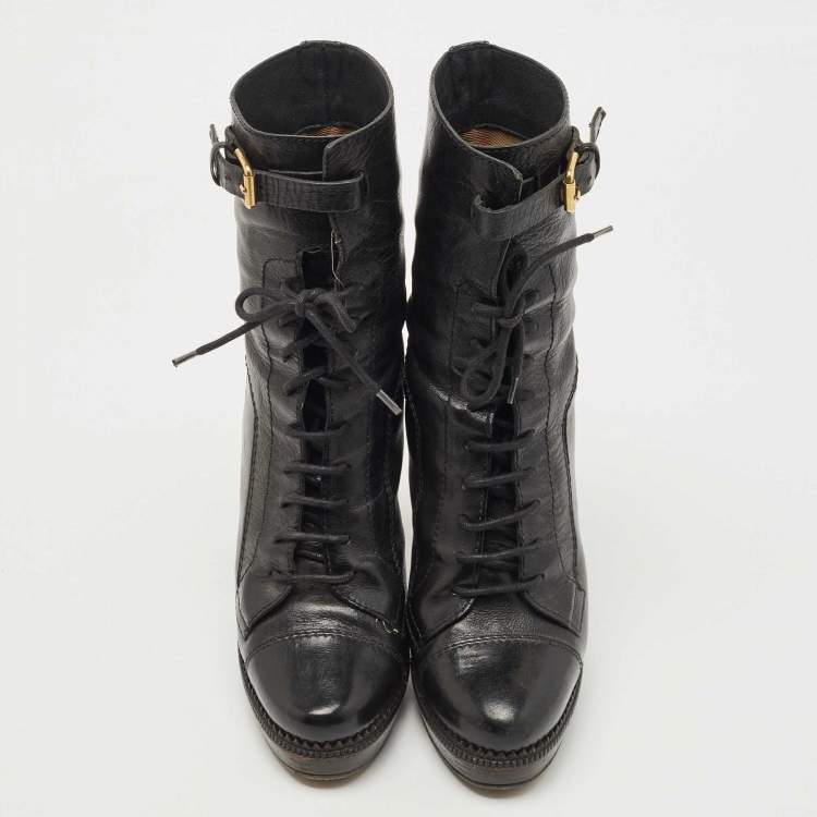 Pre Owned Burberry Black Leather Platform Lace Up Booties Size 38