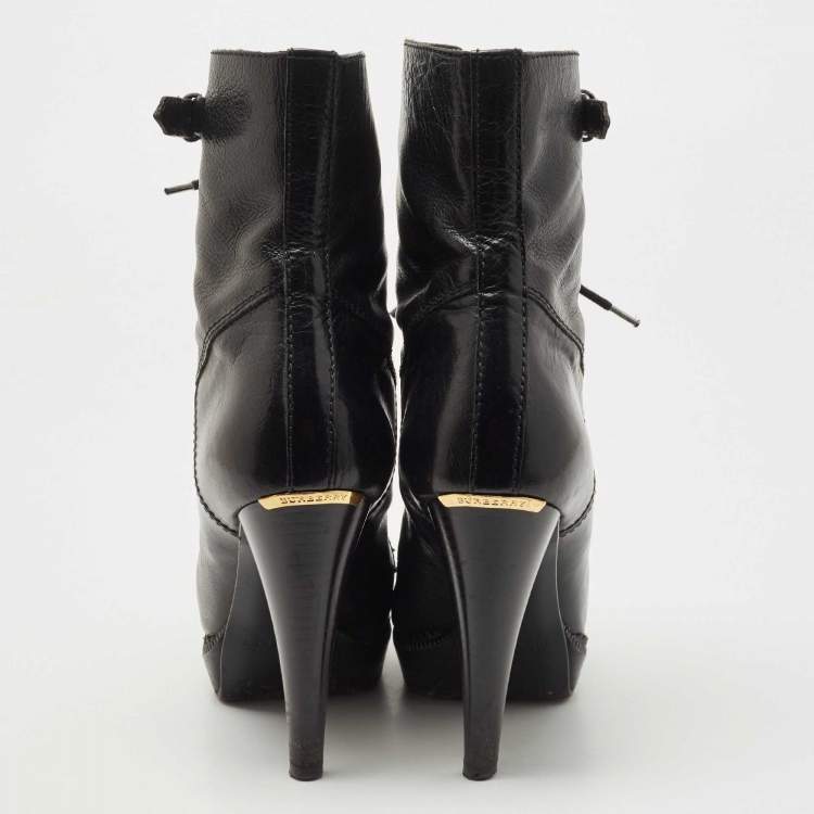 Pre Owned Burberry Black Leather Platform Lace Up Booties Size 38