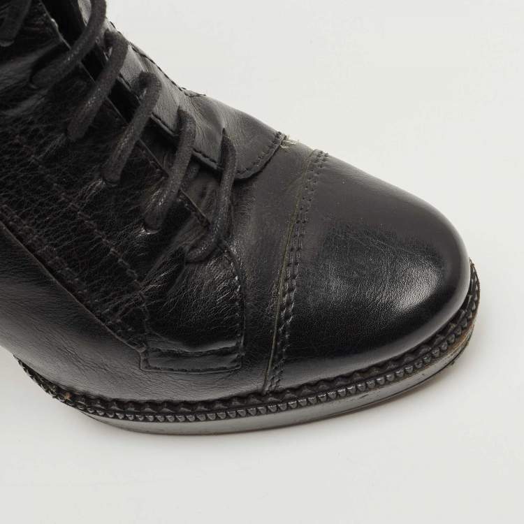 Pre Owned Burberry Black Leather Platform Lace Up Booties Size 38