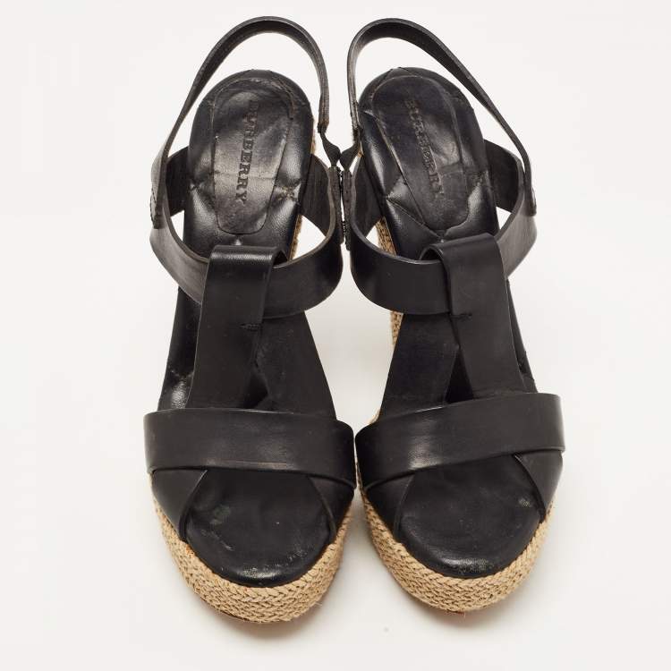 Pre Owned Burberry Black Leather Espadrille Wedge Strappy Sandals Size 39