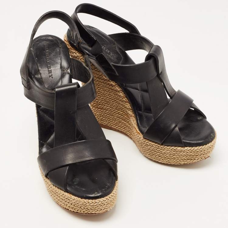 Pre Owned Burberry Black Leather Espadrille Wedge Strappy Sandals Size 39