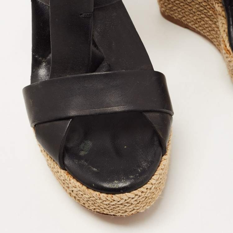 Pre Owned Burberry Black Leather Espadrille Wedge Strappy Sandals Size 39