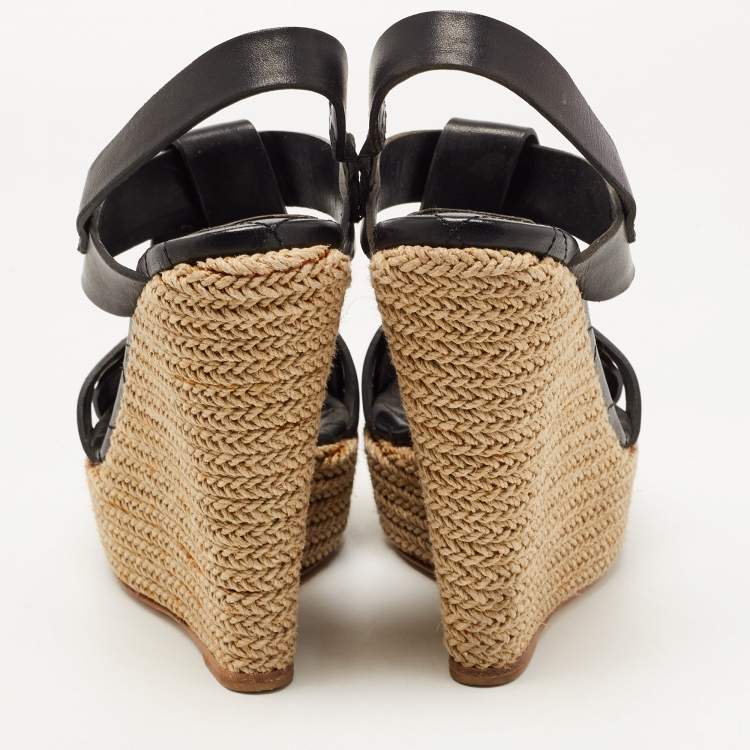 Pre Owned Burberry Black Leather Espadrille Wedge Strappy Sandals Size 39