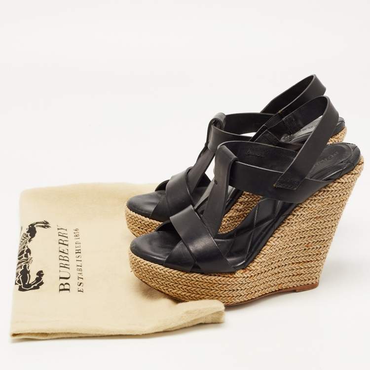 Pre Owned Burberry Black Leather Espadrille Wedge Strappy Sandals Size 39