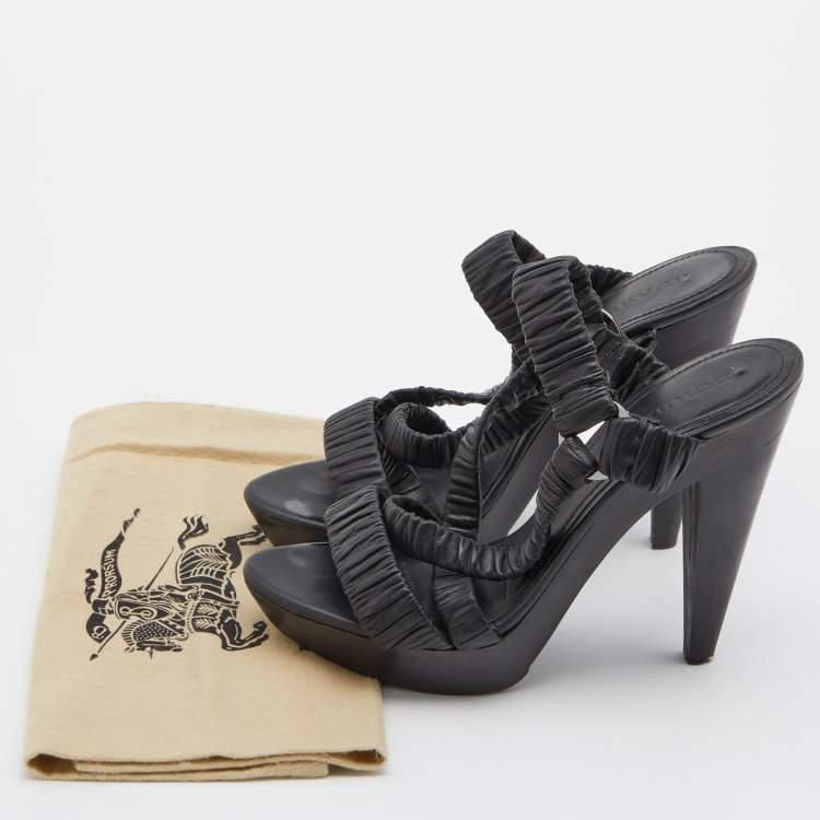 Pre Owned Burberry Black Leather Cross Strap Platform Ankle Strap Sandals Size 39