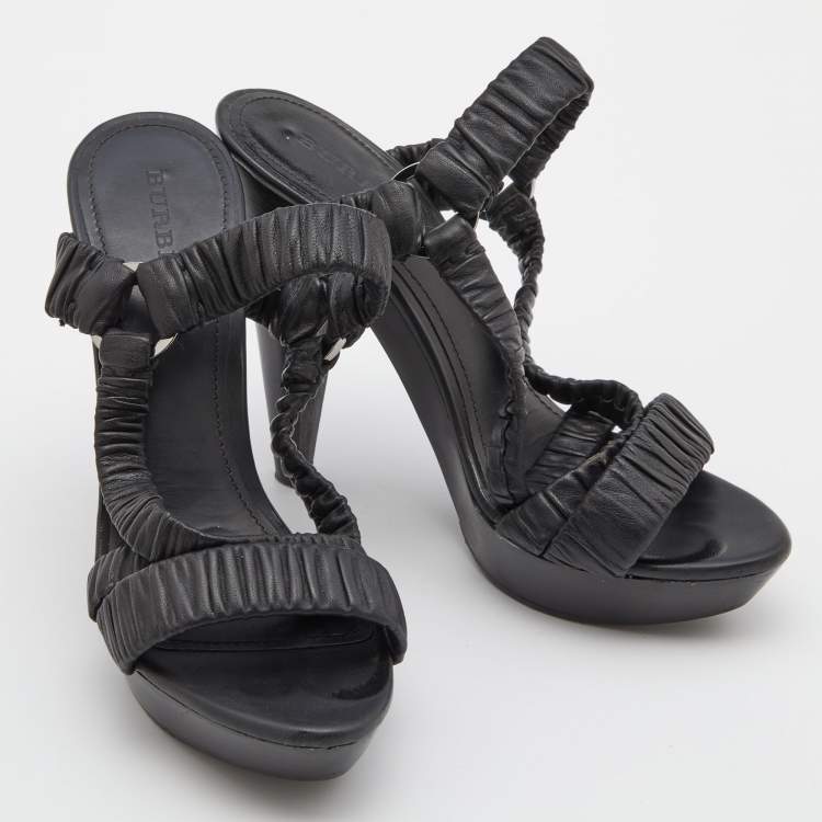 Pre Owned Burberry Black Leather Cross Strap Platform Ankle Strap Sandals Size 39