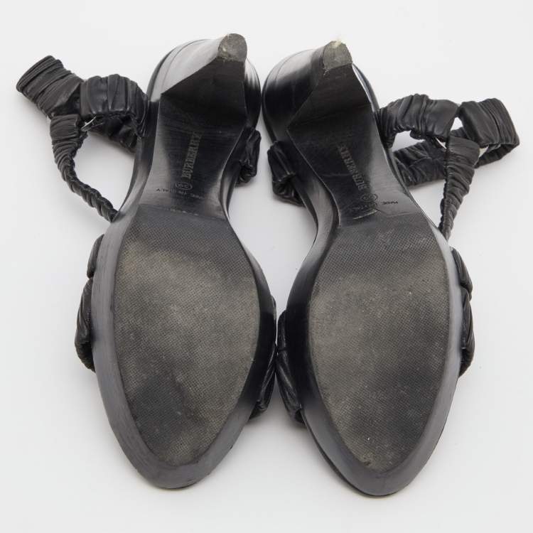 Pre Owned Burberry Black Leather Cross Strap Platform Ankle Strap Sandals Size 39