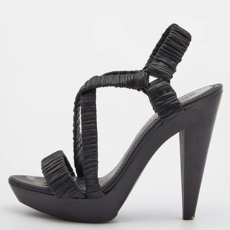 Pre Owned Burberry Black Leather Cross Strap Platform Ankle Strap Sandals Size 39
