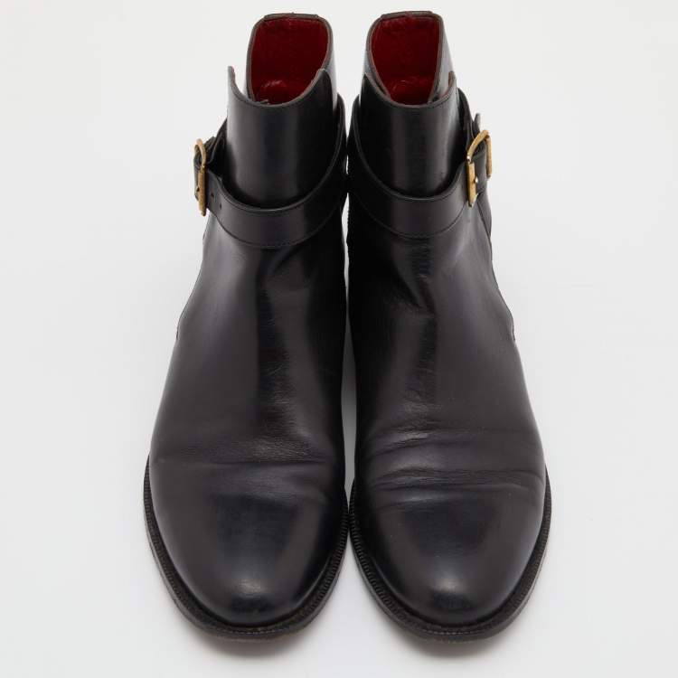 Pre Owned Burberry Black Leather Buckle Ankle Length Boots Size 40