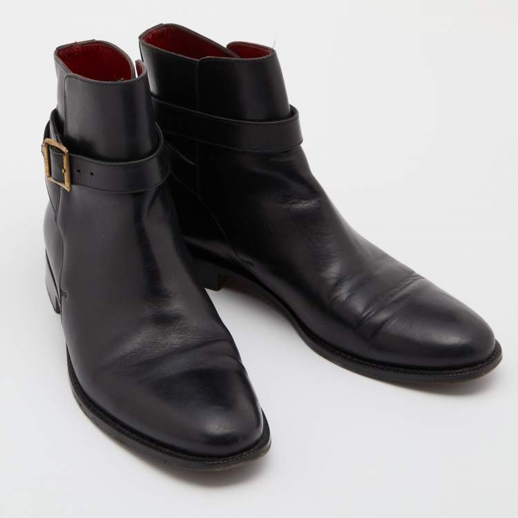 Pre Owned Burberry Black Leather Buckle Ankle Length Boots Size 40