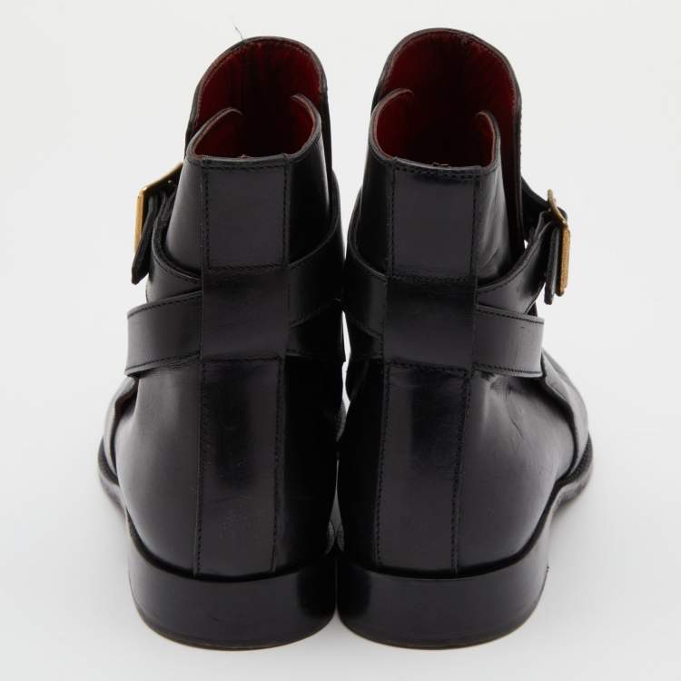Pre Owned Burberry Black Leather Buckle Ankle Length Boots Size 40