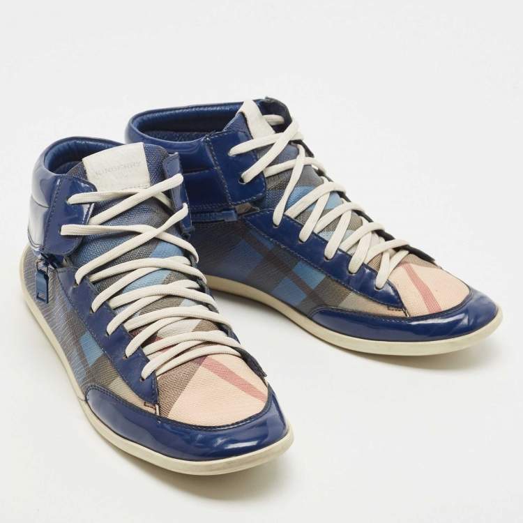 Pre Owned Burberry Blue Patent Leather and Ombre Nova Check Canvas Zipper High Top Sneakers Size 39