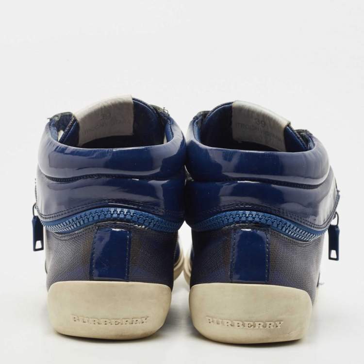 Pre Owned Burberry Blue Patent Leather and Ombre Nova Check Canvas Zipper High Top Sneakers Size 39